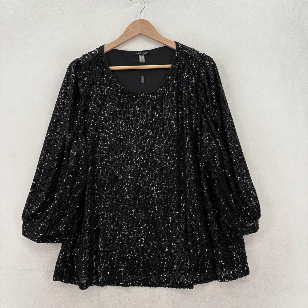Cable & Gauge Blouse Womens 2X Plus Black Sequin Scoop Neck 3/4 Sleeve Tunic NWT